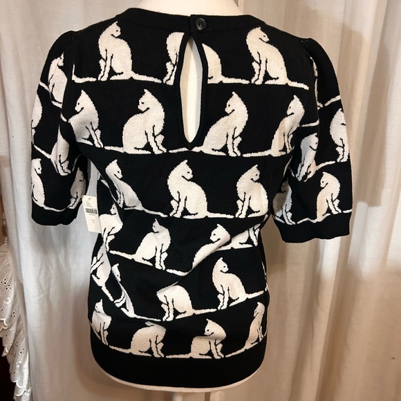 Anthropology Maeve Cat Sweater Top S Black White Kitty Knit NWT - Picture 2 of 10